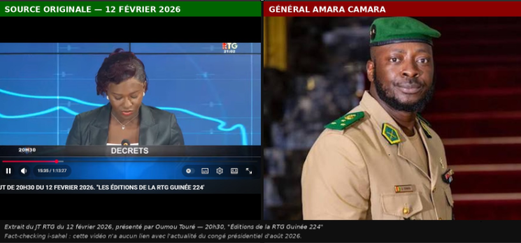 SahelNewsof's tweet photo. I-sahel a vérifié : la vidéo sur le général Camara remonte à février 2026
🇬🇳 Mardi, une vidéo a commencé à circuler comme s'il s'agissait d'une annonce fraîche sur les attributions du général Amara Camara, ministre secrétaire général de la présidence. Reprise par plusieurs médias, elle tombait pile dans un climat déjà tendu : congé du président Doumbouya, rumeurs sur sa santé, communiqué inhabituel de l'armée.
On a vérifié la source. Cette séquence date en réalité du 12 février 2026, un extrait du JT présenté par Oumou Touré, consacré à un décret présidentiel signé la veille. Rien de faux sur le fond, mais tout dans le moment choisi pour la remettre en circulation cinq mois plus tard.
Le détail de notre vérification 🔗 https://t.co/WFmfVYzdTr
#Guinée #FactChecking #Désinformation