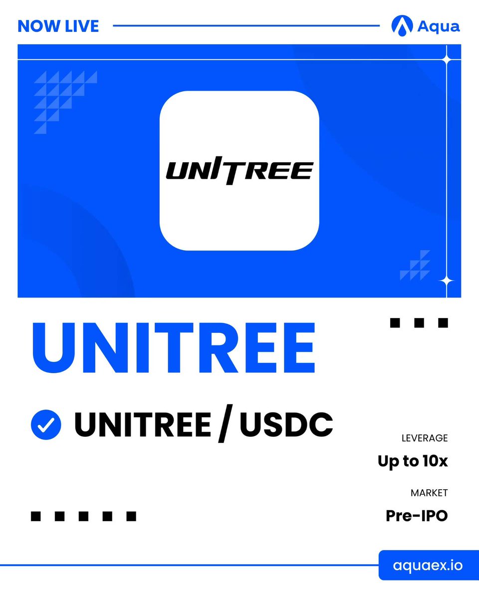 AquaXapp's tweet photo. Unitree is now live on Aqua.

Trade UNITREE/USDC with up to 10× leverage and gain exposure to a leading robotics company specializing in quadruped robots, humanoid robots, and intelligent robotic systems.

📈 Market: Pre-IPO
⚡ Up to 10× Leverage
Trade now: https://t.co/JCRTljHN1l