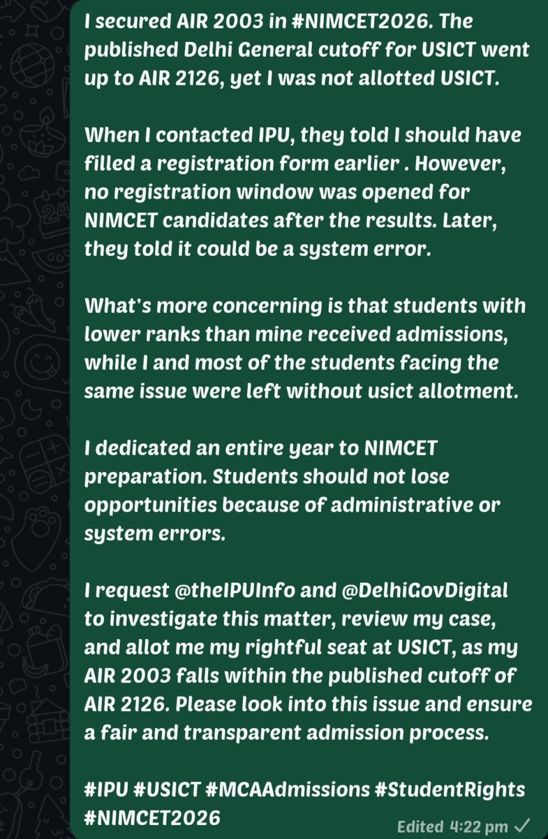 UjjwalGoel75359's tweet photo. I request @theIPUInfo and @DelhiGovDigital to investigate this matter, review this case, and allot me my rightful seat at USICT.
@gupta_rekha
#IPU #USICT #MCAAdmissions #StudentRights #NIMCET2026 #Delhi https://t.co/tHGadzfZnl