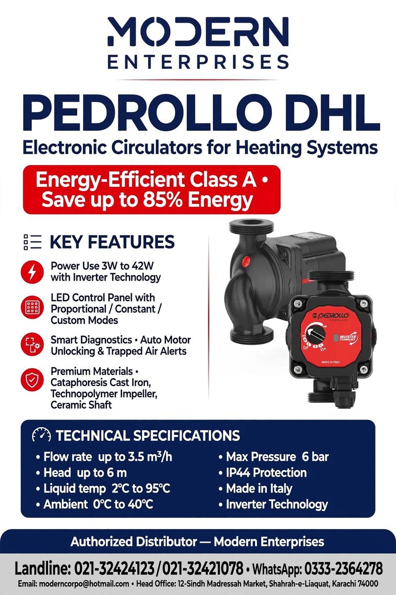 PedrolloPakista's tweet photo. Save up to 85% on home heating power with the Pedrollo DHL series, featuring an energy-saving Class A motor, smart LED display, and auto-unblock technology. View full technical details on the Pedrollo DHL Product Post below.
 ☎️ 0213 2424 123 
📞 WhatsApp 0333 2364278 https://t.co/Xn2qXqNMl3