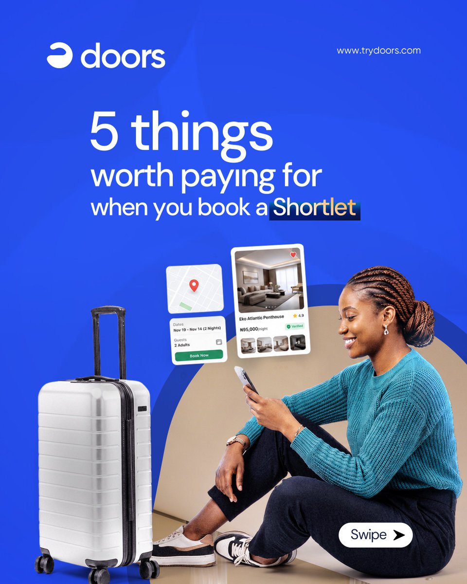 trydoors1's tweet photo. Some things are worth paying for. A great shortlet is one of them. 🏡✨

Swipe through 5 things that make every naira worth it.

Doors is opening soon.💙

Join our waitlist https://t.co/xyEcZ3LBP9

#5thingsworththemoney #shortlettips #Trydoors #Comingsoon https://t.co/U7KANhNCBL