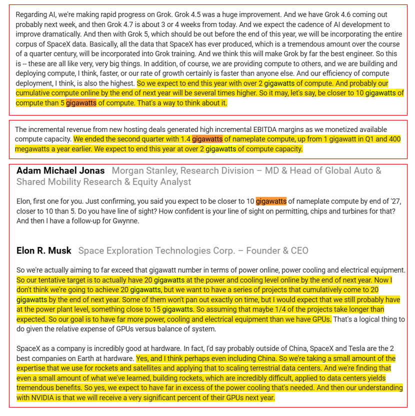 ShanuMathew93's tweet photo. Can someone help bridge me? cc: @elonmusk 

How does the 10GW comment makes sense other than as an aspirational target?

SpaceX disclosed ~1GW of installed nameplate compute across Colossus 1 and 2 as of March 2026; the Q2 call puts that at 1.4GW. Epoch shows ~1.3GW currently installed, which is directionally consistent.

Aterio identifies 1.07GW of construction scheduled to activate in 2026: Minihard (200MW), Google lease (150MW), Macroharder (500MW), and Colossus 2 Phase 2 (220MW). That bridges current capacity to ~2.4–2.5GW, which lines up with Elon’s >2GW year-end target.

The Texas projects do not help in 2027 as both are only announced, with listed activation dates in June and September 2029. So 10GW by end-2027 requires another ~7.5GW of terrestrial capacity beyond the disclosed pipeline?!

Orbital cannot fill that gap absent a major change in timing. SpaceX’s own initial public offering prospectus says orbital compute deployment begins “as early as 2028.” Even if it were pulled forward, SpaceX’s stated orbital assumptions imply an extreme scale requirement: 100kW of compute per metric ton and 100 metric tons per Starship launch. Filling a 7–7.5GW gap would require 70–75k metric tons of satellite hardware and 700–750 Starship launches. The prospectus itself says its 100GW annual orbital ambition requires thousands of launches per year.

On terrestrial cost, Epoch puts Colossus 2 at $35.8bn for 946MW and Colossus 1 at $12.9bn for 340MW: both imply ~$38bn/GW. At a rounded $40bn/GW, the missing 7–7.5GW requires ~$280–300bn of gross capital that isn't contemplated right now in sellside figures?

That could ultimately be financed by SpaceX, suppliers, lenders, partners or third-party developers. But the sites, power and funding are not visible in the disclosed 2027 pipeline. The remaining possibilities are large third-party powered-shell leases, partnerships with other hyperscalers, or acquisitions of existing front-of-meter or behind-the-meter capacity, including crypto sites. Even then, most would still require data-center fit-out and execution within roughly 17 months?

Somebody help me out.