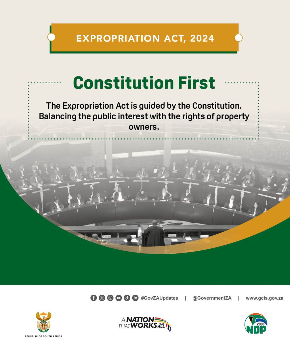 GovernmentZA's tweet photo. WHAT IS THE EXPROPRIATION ACT?
The Expropriation Act, 2024 provides a legal framework for the expropriation of property for a public purpose or in the public interest. 
#ExpropriationAct #GovZAUpdates https://t.co/bS0cXaNTQI