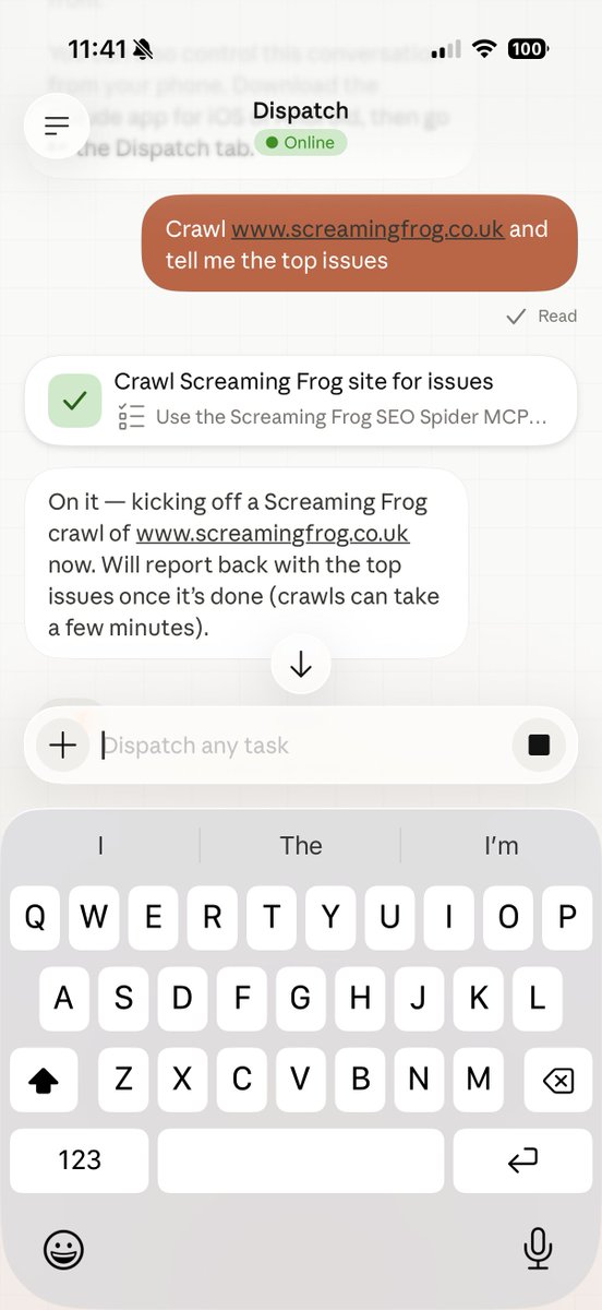 screamingfrog's tweet photo. Little tip - You can crawl from your mobile using Claude Dispatch and the @screamingfrog MCP. Set up Dispatch in Claude on your mobile (and the SF MCP on desktop) and it will bridge to your desktop Claude app to initiate or report on crawls while you're on the move. https://t.co/dv68dGK47N