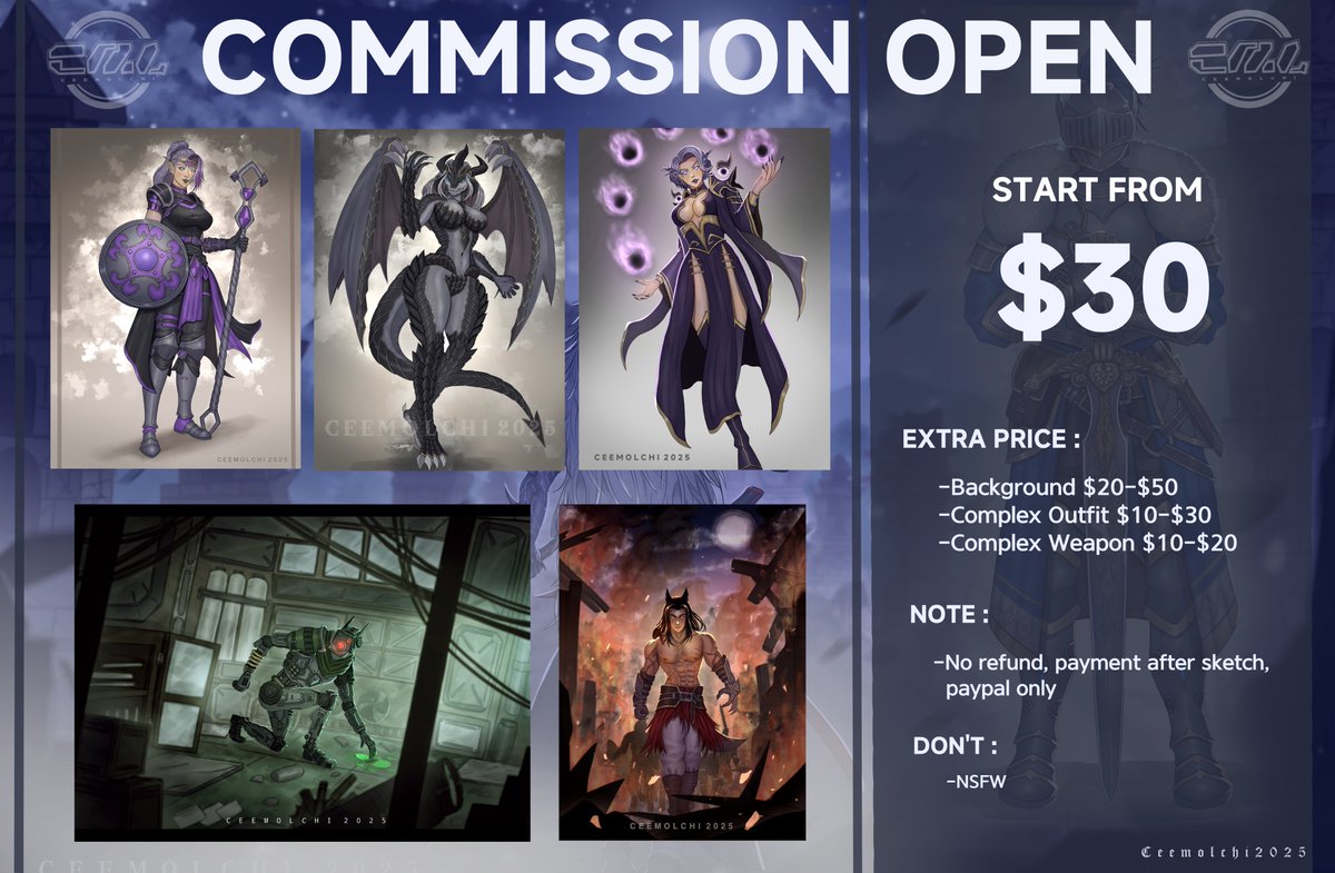 Ceemolchi's tweet photo. Commission are open for 3 slots
#digitalart #commissionart #commissionopen #artistsontwitter #openforcommissions #DnD #dndart #WoWart #scifiart #furryart #Fantasy https://t.co/U9NQzuDH2S