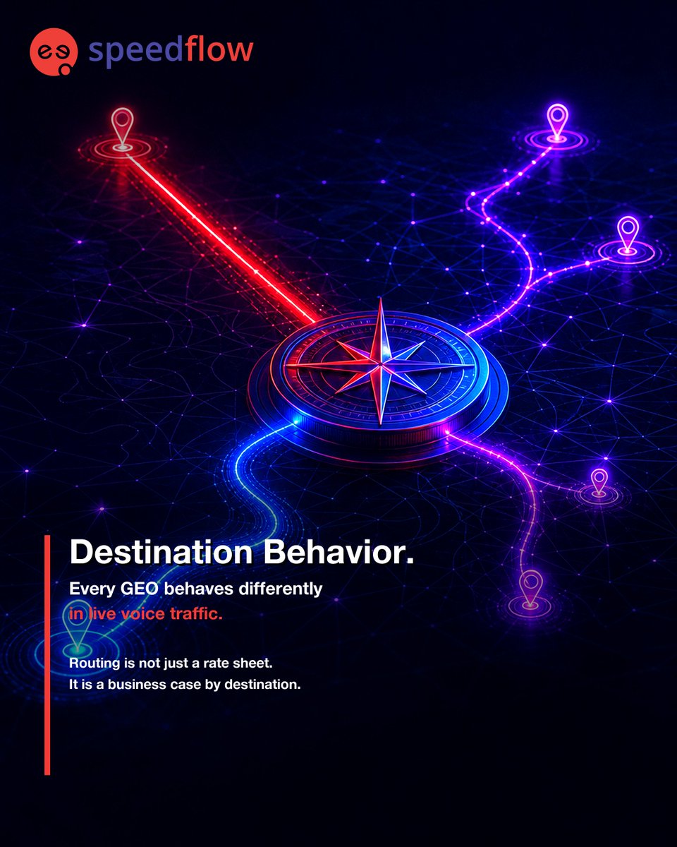 Speedflow's tweet photo. A route can look stable on paper.
But every destination behaves differently in live traffic.

In wholesale voice, routing decisions should not be based only on a rate sheet or a general route category. The same routing logic can work well for one GEO and be less effective for another.

Some destinations are more sensitive to caller ID and stability. Some depend more on volume. Others require a more careful balance between cost, quality, and traffic behavior.

This is why destination behavior matters.

For Speedflow, voice routing is not just a list of available destinations. It is a practical conversation around a specific business case: where the traffic goes, what profile it has, what quality expectations are behind it, and what commercial logic should support it.

A stronger routing setup starts when every destination is treated not as a line in a table, but as a separate operational task.

Want to review how your priority destinations behave in live traffic?
DM us or contact your Speedflow account manager.