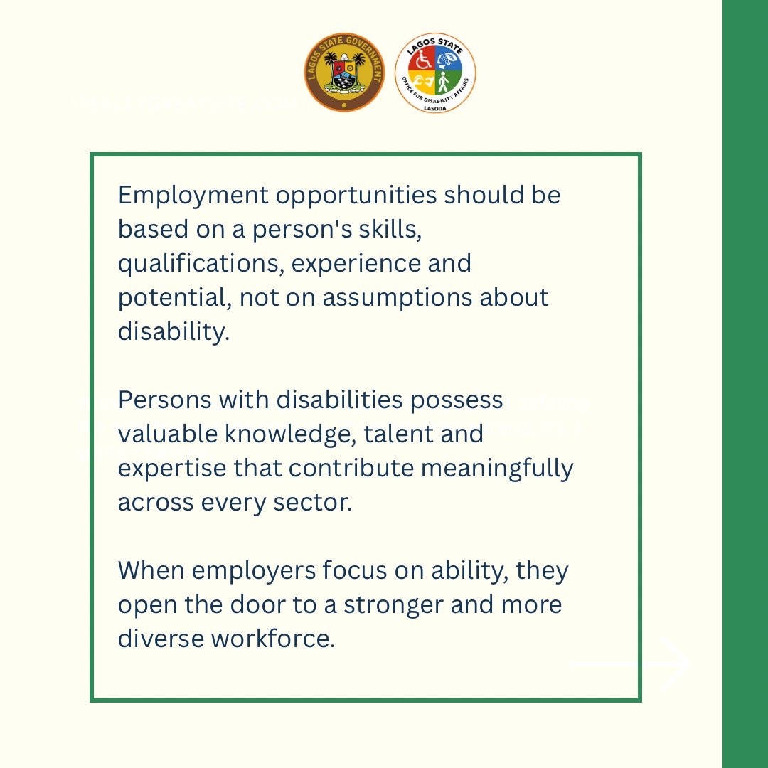 officiallasoda's tweet photo. Inclusive employment begins when we recognise ability, value talent and create equal opportunities for all.
#InclusiveEmployment
#DisabilityAffairs
#LASODA
#DisabilityAwareness
#PWDs
#AGreaterLagosRising
#SocialInclusion
#ToEnforceAnInclusiveLagos
@denikeoyetunde @followlasg https://t.co/NxZLveB8QB