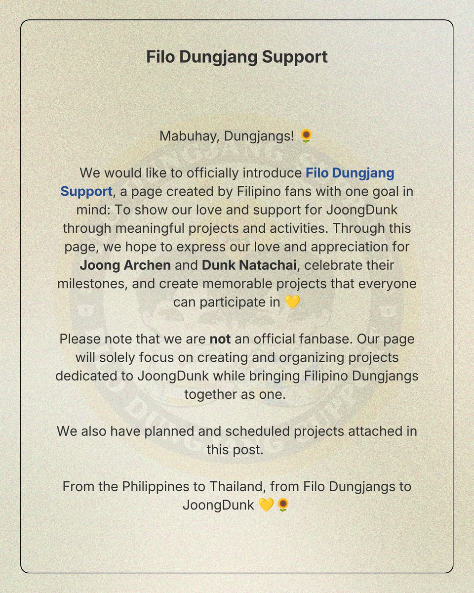 Dungjangsupport's tweet photo. Mabuhay everyone! We are Filo Dungjang Support 🇵🇭

Please Stay tuned for more projects to be announced...

#จุงดัง #JoongDunk
@ChenRcj @dunknatachai https://t.co/2PIC1RbCpZ
