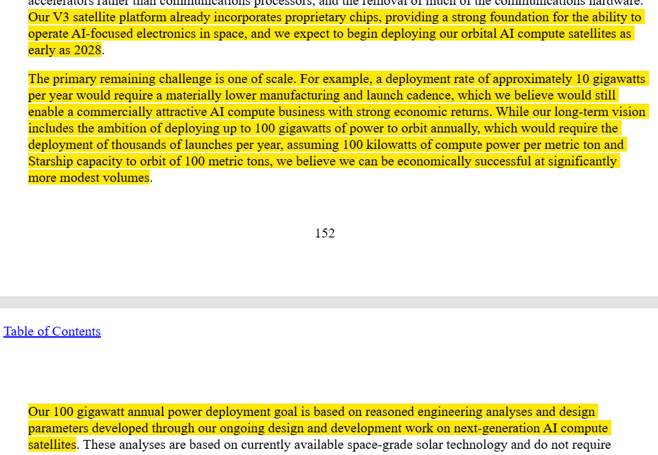 ShanuMathew93's tweet photo. Can someone help bridge me? cc: @elonmusk 

How does the 10GW comment makes sense other than as an aspirational target?

SpaceX disclosed ~1GW of installed nameplate compute across Colossus 1 and 2 as of March 2026; the Q2 call puts that at 1.4GW. Epoch shows ~1.3GW currently installed, which is directionally consistent.

Aterio identifies 1.07GW of construction scheduled to activate in 2026: Minihard (200MW), Google lease (150MW), Macroharder (500MW), and Colossus 2 Phase 2 (220MW). That bridges current capacity to ~2.4–2.5GW, which lines up with Elon’s >2GW year-end target.

The Texas projects do not help in 2027 as both are only announced, with listed activation dates in June and September 2029. So 10GW by end-2027 requires another ~7.5GW of terrestrial capacity beyond the disclosed pipeline?!

Orbital cannot fill that gap absent a major change in timing. SpaceX’s own initial public offering prospectus says orbital compute deployment begins “as early as 2028.” Even if it were pulled forward, SpaceX’s stated orbital assumptions imply an extreme scale requirement: 100kW of compute per metric ton and 100 metric tons per Starship launch. Filling a 7–7.5GW gap would require 70–75k metric tons of satellite hardware and 700–750 Starship launches. The prospectus itself says its 100GW annual orbital ambition requires thousands of launches per year.

On terrestrial cost, Epoch puts Colossus 2 at $35.8bn for 946MW and Colossus 1 at $12.9bn for 340MW: both imply ~$38bn/GW. At a rounded $40bn/GW, the missing 7–7.5GW requires ~$280–300bn of gross capital that isn't contemplated right now in sellside figures?

That could ultimately be financed by SpaceX, suppliers, lenders, partners or third-party developers. But the sites, power and funding are not visible in the disclosed 2027 pipeline. The remaining possibilities are large third-party powered-shell leases, partnerships with other hyperscalers, or acquisitions of existing front-of-meter or behind-the-meter capacity, including crypto sites. Even then, most would still require data-center fit-out and execution within roughly 17 months?

Somebody help me out.