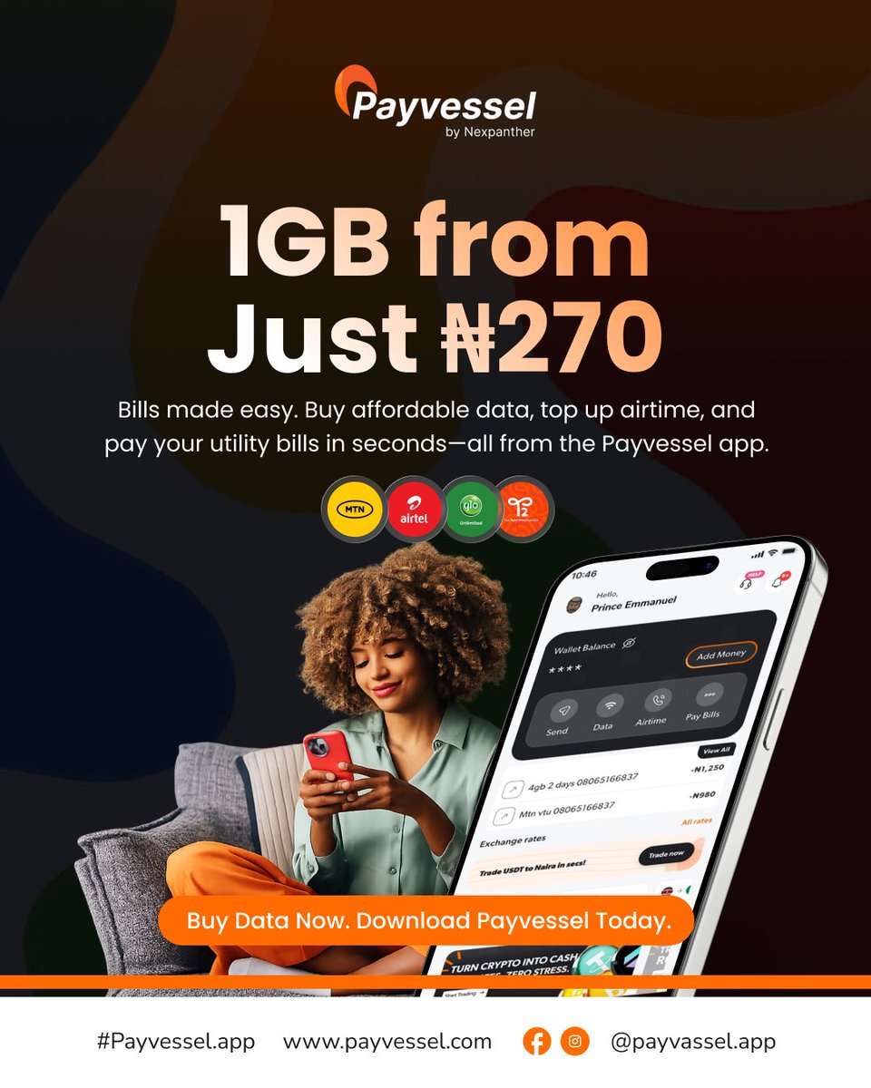 payvesselapp's tweet photo. Still buying expensive data? 🤔

Switch to Payvessel and enjoy:
✅ 1GB from just ₦270
✅ Instant airtime top-up
✅ Fast bill payments
✅ One app for all your everyday transactions

Save more. Do more. Download Payvessel today! 🚀

#Payvessel #DataSavings #BillsMadeEasy #Fintech https://t.co/RTq89ohvJX