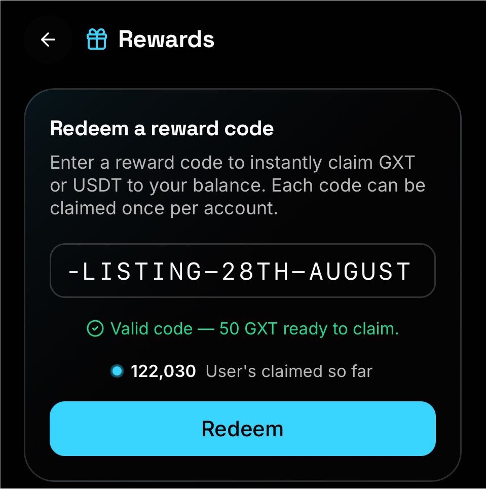 Malmarou's tweet photo. I just claimed free $10 worth $GXT from @GXTExchange 🔥🪂

- fcfs
- time: 1 min

Steps 👇

- go to: https://t.co/2TQ9e8kTRy
- sign up with email or enter username 
- create password
– create account 

How to claim rewards:

– open the reward page on the homepage
– Enter redeem code: GXT-LISTING-28TH-AUGUST
– Claim 50 $GXT 

TGE IS August 28th🤞