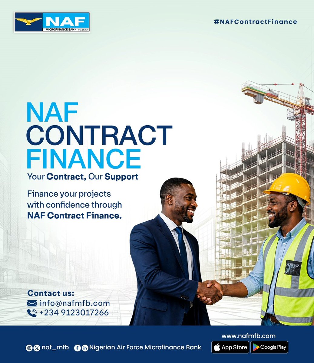 naf_mfb's tweet photo. With NAF Contract Finance, you can access the funding you need to execute projects confidently.
#NAFContractFinance
#NAFMFB
#BusinessGrowth
#ProjectFinance
#BreakingFinancialBarriers https://t.co/3563WobtDE