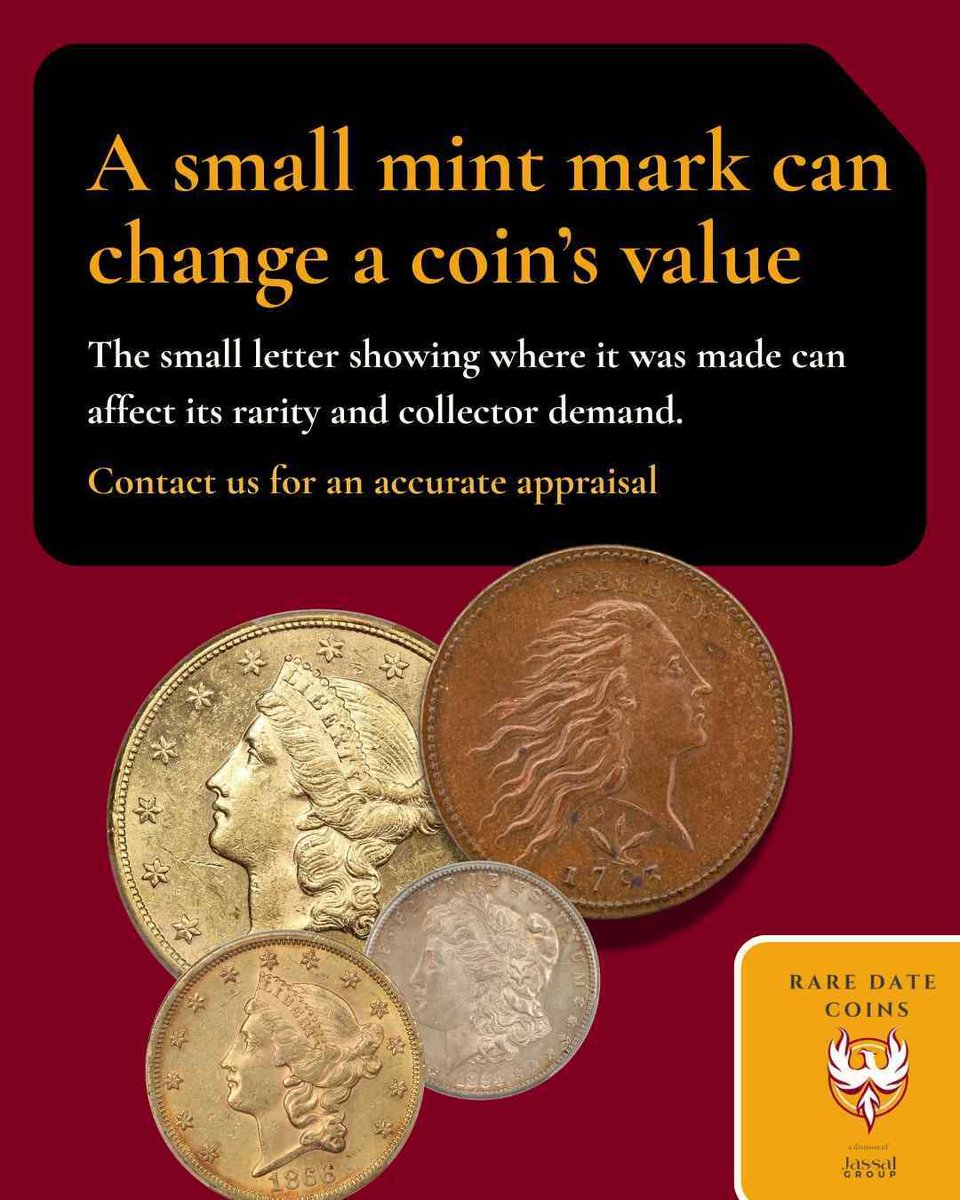 Raredatecoins's tweet photo. A small mintmark can make a significant difference. Two coins with the same year and design may have very different values depending on where they were produced. Have the complete coin assessed. 

https://t.co/ZkWYzAoyCc 

#RareCoins #CoinAppraisal https://t.co/8FyRcANWz7