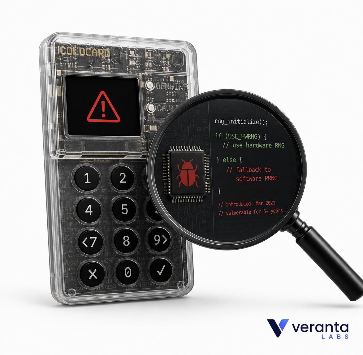 VerantaLabs's tweet photo. 🚨 URGENT: Coldcard firmware bug hid for 5+ YEARS — 1,300+ BTC already STOLEN
This wasn’t some fancy crypto break.
It was a simple firmware integration bug from 2021 that quietly survived every security review, every update, and years of real-world use… until an attacker finally weaponized it.
Investigators now confirm multiple attack waves.
The thief prepared long before the exploit went public.
Over 1,300 Bitcoin are already gone — and counting.
The scariest bugs aren’t the most complex.
They’re the ones everyone assumed “someone else already checked.”
If you hold Bitcoin on a Coldcard… check your device. Now.
#Bitcoin #Coldcard #CryptoHack #BTCStolen #CyberSecurity