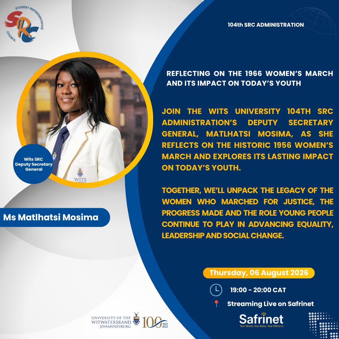 Wits_SRC's tweet photo. Join the Wits University 104th SRC Administration’s Deputy Secretary General, Matlhatsi Mosima, as she reflects on the legacy of the 1956 Women’s March and its relevance to today’s generation. https://t.co/8IT98B5sl0