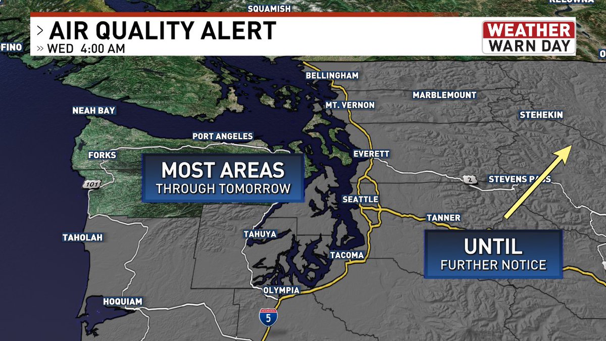 GWaldenWeather's tweet photo. Waking up to smoky skies, we're in the middle of a brief round of wildfire smoke and about to head into a mini heat wave. Fortunately, there's light at the end of the tunnel. It'll take a couple more days, but cooler, cleaner air is on the way. #wawx https://t.co/fTWzxgJZac