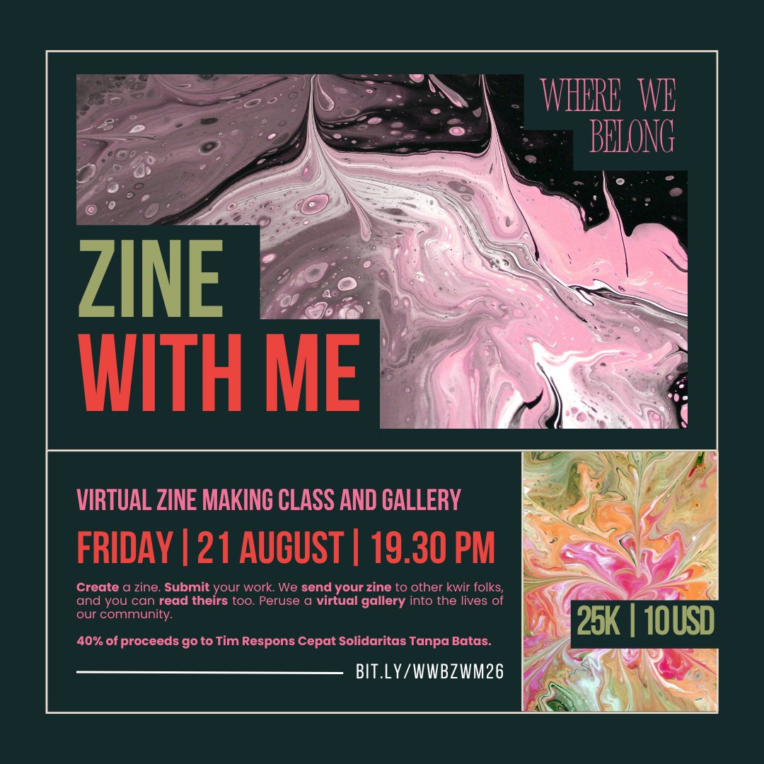 Hello_WWB's tweet photo. Make a zine (we'll help). We share your zine to random participants. Gaze through the many kwir experiences through others' zines.

Zine With Me, a virtual zine class and gallery.
📆Friday, 21 August at 19.30 PM (GMT +7)
💌25k IDR | $10 USD
🌐Open internationally, 18+

⛓️Below👇 https://t.co/5v3rkW8JOB