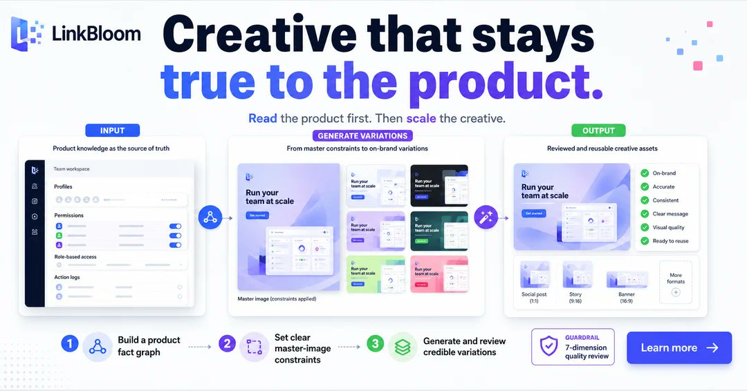 atticus_xxx's tweet photo. Most SaaS ads don't fail because AI can't make a pretty image.
They fail because the image forgets the product.

LinkBloom starts with the product, builds a master creative, and turns it into credible variations.

Read the product first. Then scale the creative.
https://t.co/wTdC0VjFpF