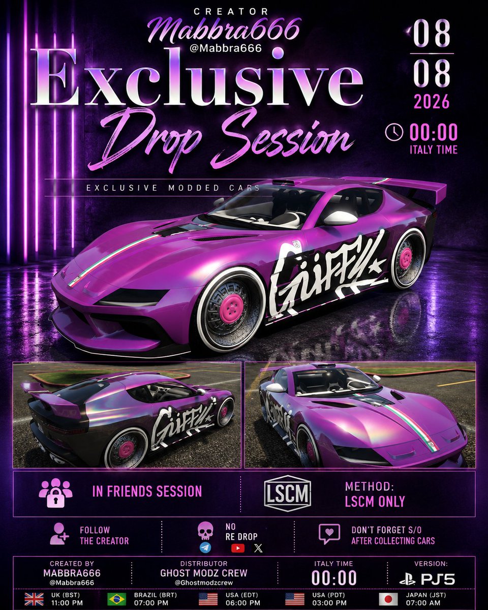 Mabbra666's tweet photo. 🚨ＤＲ♢Ｐ Ｓ|ΞＳＳＩ♢Ｎ🚨
🎮PS5

🗓08/08/26
🕘TIME
🇮🇹00:00/🇺🇸18:00
🇧🇷20:00/🇬🇧23:00

💰LSCM ONLY
🆔PINNED HERE AT START
❌NO STREAM

┈═━═━☆═◈═☆━═━═┈
🔥ＮＥＷ　ＵＰＤＡＴＥ🔥

🚘CARTUCCIA GT
🚘MERULA

🧼FULL CLEAN
🪄UNSELECTED INTERIORS
🌈CHAMELEON PEARL
🏷️YANKTON PLATE

┈═━═━☆═◈═☆━═━═┈
🚨NEW REQUEST: COMMENT YOUR 🆔 HERE TO BE ACCEPTED

📸DON'T FORGET S/O

┈═━═━☆═◈═☆━═━═┈
🔔FOLLOW
❤️LIKE 
♻️RETWEET 

🔗 https://t.co/6Dfr0DZxXW…

#Gta #Gtaonline #Gtacommunity #RockstarGames #Youtube #Gc2f #PS5