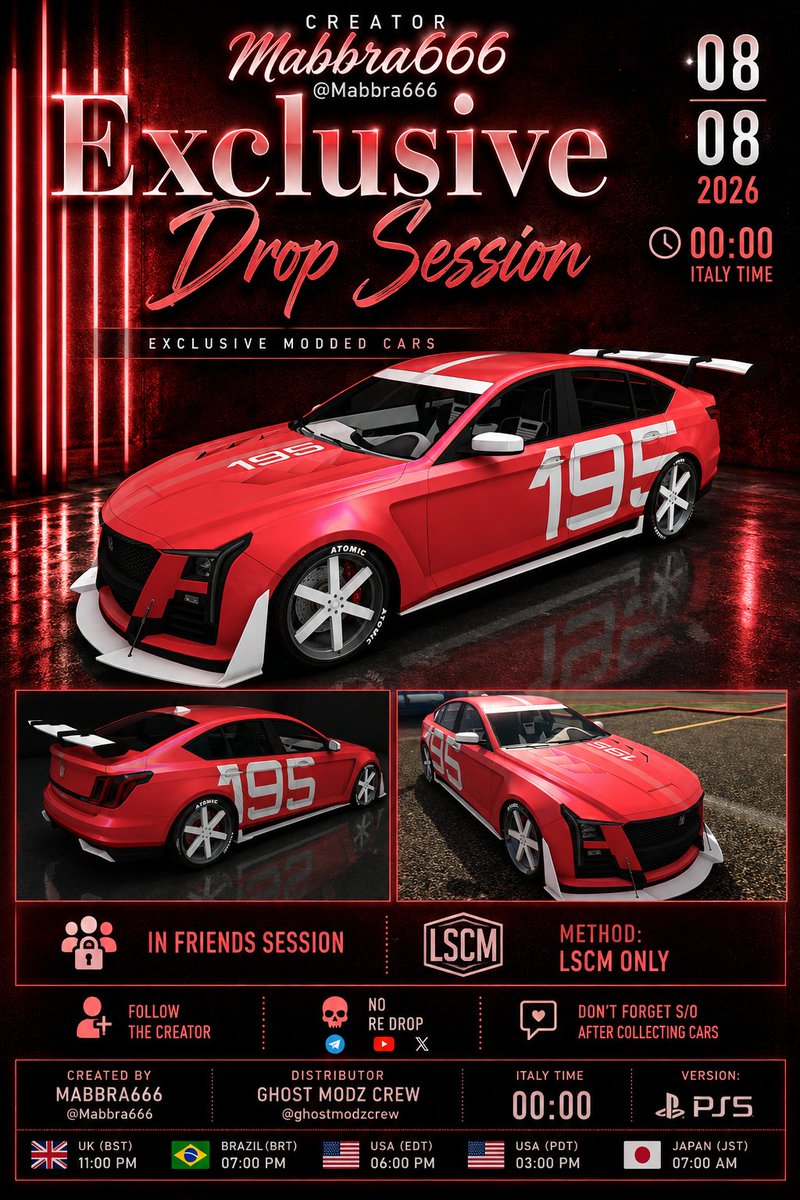 Mabbra666's tweet photo. 🚨ＤＲ♢Ｐ Ｓ|ΞＳＳＩ♢Ｎ🚨
🎮PS5

🗓08/08/26
🕘TIME
🇮🇹00:00/🇺🇸18:00
🇧🇷20:00/🇬🇧23:00

💰LSCM ONLY
🆔PINNED HERE AT START
❌NO STREAM

┈═━═━☆═◈═☆━═━═┈
🔥ＮＥＷ　ＵＰＤＡＴＥ🔥

🚘CARTUCCIA GT
🚘MERULA

🧼FULL CLEAN
🪄UNSELECTED INTERIORS
🌈CHAMELEON PEARL
🏷️YANKTON PLATE

┈═━═━☆═◈═☆━═━═┈
🚨NEW REQUEST: COMMENT YOUR 🆔 HERE TO BE ACCEPTED

📸DON'T FORGET S/O

┈═━═━☆═◈═☆━═━═┈
🔔FOLLOW
❤️LIKE 
♻️RETWEET 

🔗 https://t.co/6Dfr0DZxXW…

#Gta #Gtaonline #Gtacommunity #RockstarGames #Youtube #Gc2f #PS5