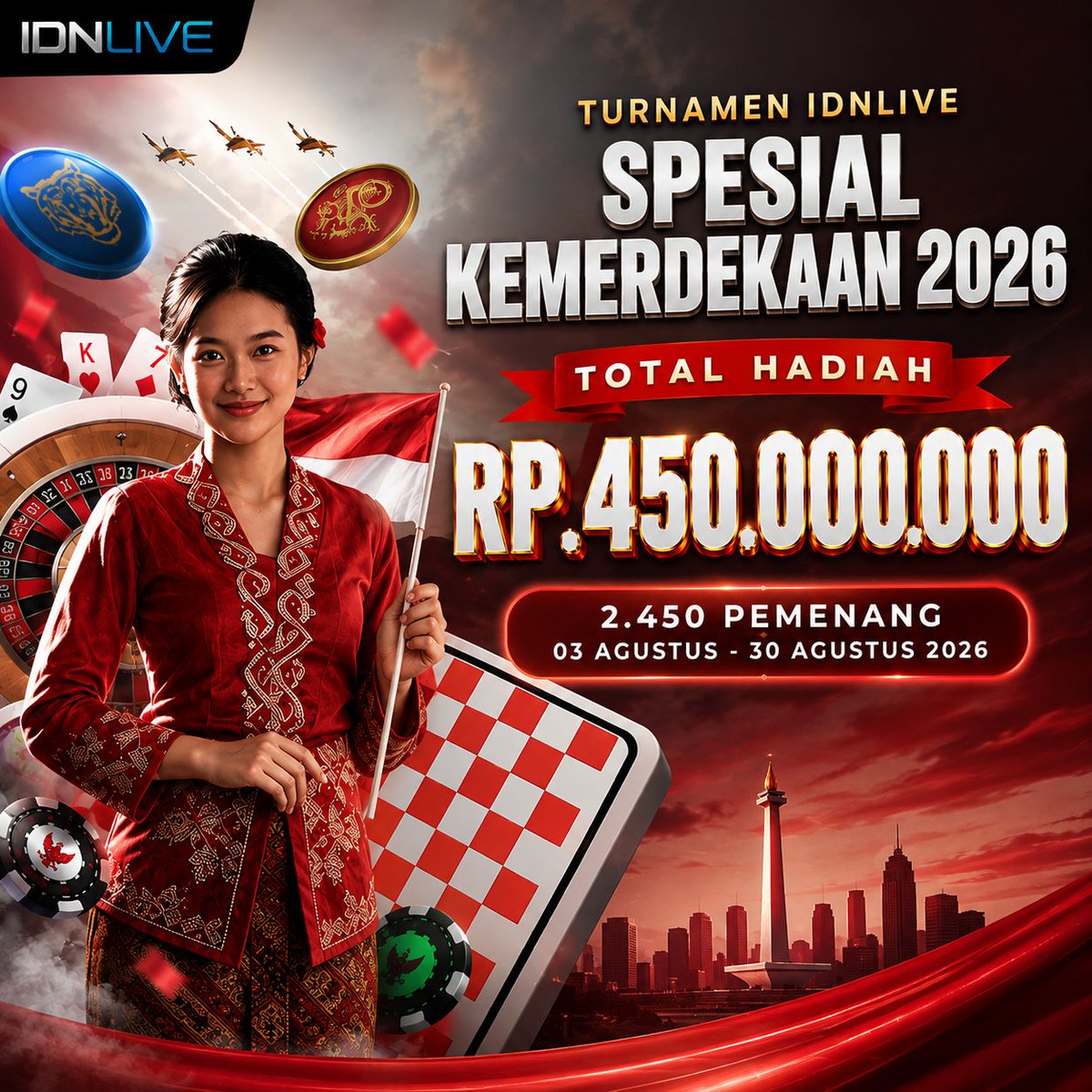idnggplay's tweet photo. 🇮🇩 IDNGG Turnamen Kemerdekaan 2026

Total hadiah hingga Rp450.000.000 untuk 2.450 pemenang. Yuk ikuti event spesial Kemerdekaan dan raih kesempatan membawa pulang hadiah menarik!

#IDNGG #TurnamenKemerdekaan #IDNLive #Hadiah450Juta #Event2026 https://t.co/29AXhXeXi3