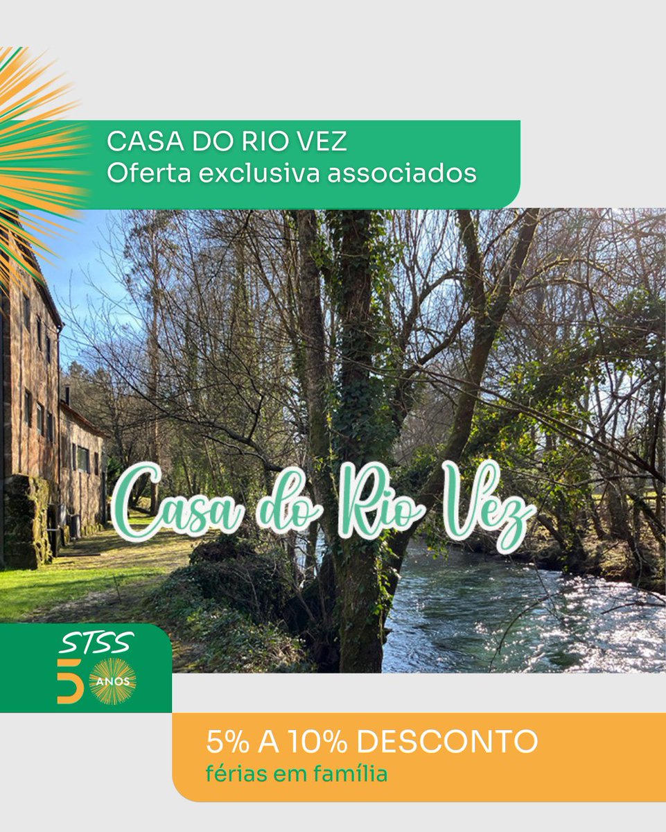STSS_pt's tweet photo. Condições exclusivas para os nossos associados através do protocolo celebrado com a Casa do Rio Vez (oferta de 5% desconto para estadias até 3 noites e oferta de 10% desconto para estadias de 4 ou mais noite).

➡ https://t.co/7DZaeh1Mw4

#BenefíciosAssociados https://t.co/56X4aNdyAq