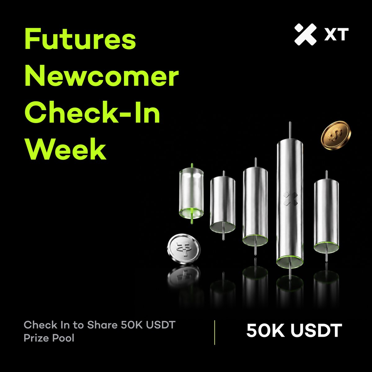 XTexchange's tweet photo. 50,000 USDT Futures Rewards Are Waiting! XT Futures Newcomer Check-In Week has started! 

Complete eligible tasks and unlock your USDT Futures Bonus.

⏰ August 5, 2026, 10:00 – August 15, 2026, 10:00 (UTC)

Don't miss your chance: https://t.co/9yc9TNfCWr https://t.co/IpAtlHxTgO