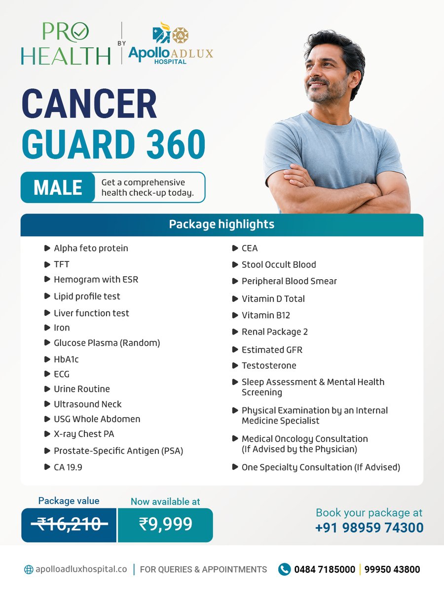 ApolloAdlux's tweet photo. Cancer Guard 360 brings together essential investigations and specialist evaluation to help assess your health and identify potential concerns early.

Cancer Guard 360 – Female: ₹15,999
Cancer Guard 360 – Male: ₹9,999

📍 Apollo Adlux Hospital, Angamaly
🚨 Emergency: 1066 https://t.co/63b94FBdQd