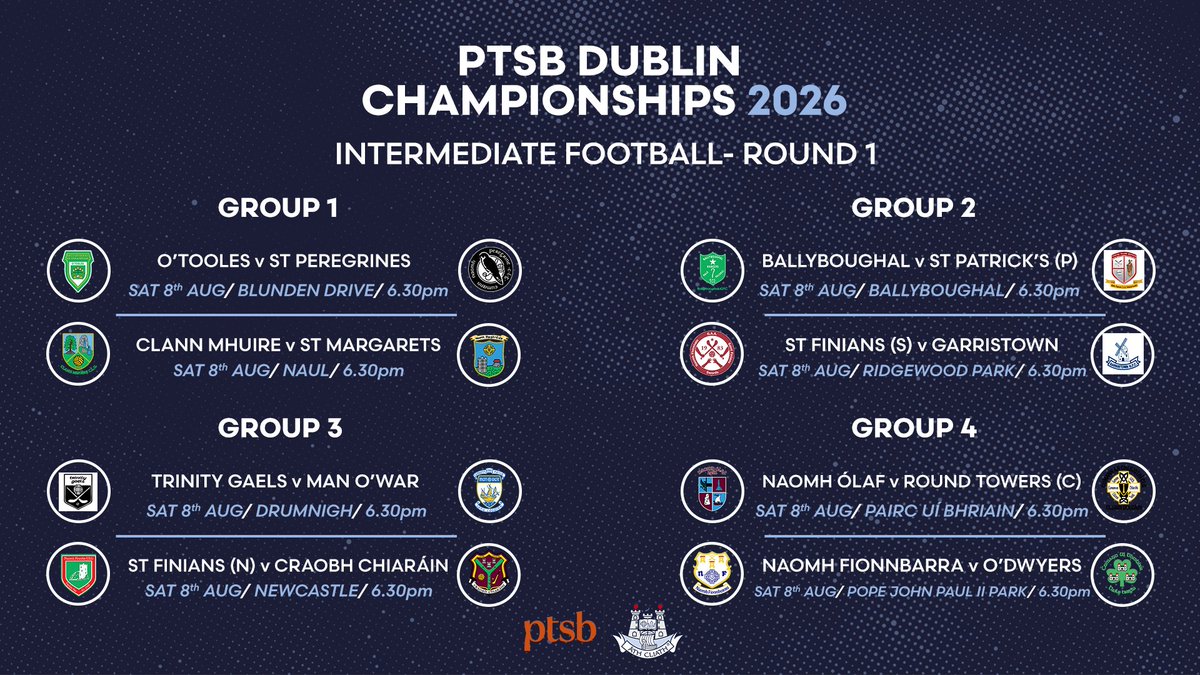 DubGAAOfficial's tweet photo. The 2026 @PTSBIreland Dublin Intermediate Football Championship gets underway this Saturday evening. 

Check out the Round 1 fixtures here 👇

#PTSBChampionships https://t.co/ECRIrE3hY5