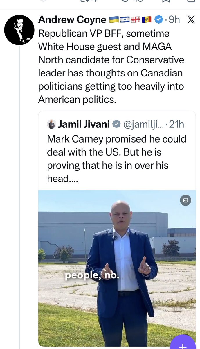 myabradshaw78's tweet photo. Andrew Coyne is on a Rant again calling Jamil MAGA,yet Andrew stays quiet with Carney hiring a Democrat American to be COO who will bring her American politics in Canada.. https://t.co/0oLYOyns4N