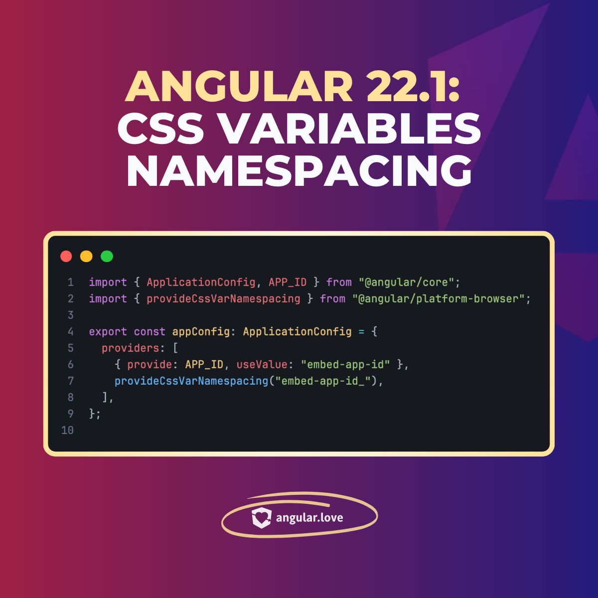 AngularLovePL's tweet photo. New feature from #Angular version 22.1 👇

🎨 #CSS variable namespacing!

 →  This means it will be much easier to avoid CSS variable conflicts if you have multiple applications on the same page.

To use the new feature, include provideCssVarNamespacing in your application providers.

📑 If you're curious to learn more about this change, read this PR: https://t.co/KUsZafqyss