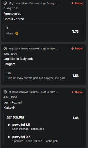 _bukzaplac's tweet photo. #PPT, czyli Polska Pucharowa Tasiemka 🏆🇵🇱📝

5⃣ - tyle zdarzeń na kuponie mogę nazwać taśmą? 😆

Może niekoniecznie, ale na potrzeby tego posta uznajmy warunkowo, że tak. 

Pierwszy mecz już dziś - JEŚLI nie siądzie (no ale zakładam, że jednak siądzie) to jutro spróbuję uzupełnić coś o strzały/faule (jeśli dojdzie w ofercie).

➡️ Górnik przegra [vs. Ferencvaros] @ 1.73
➡️ Jagiellonia vs. Rangers: obie strzelą lub over 2,5 @ 1.53
➡️ Lech +1,5 gola & gol w 1. połowie [vs. Klaksvik] @ 1.45
➡️ Raków - Hammarby: +1,5 gola & gol Hammarby @ 1.50
➡️ Hapoel - GKS: +1,5 gola & gol GKS @ 1.50

🔗 Link do kuponu:
https://t.co/nfCwNpGjY6