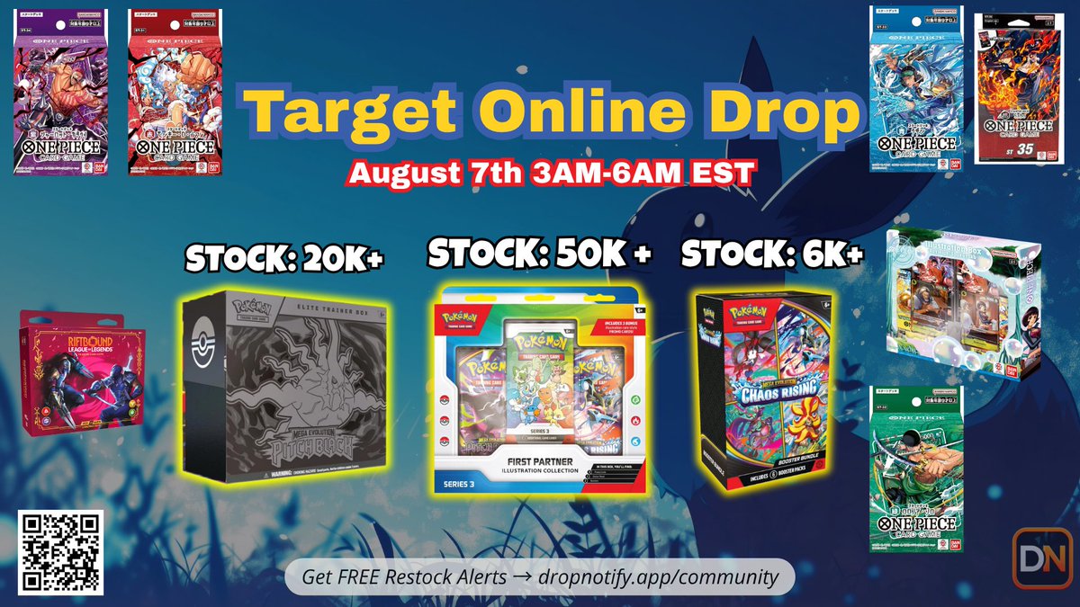 Drop_Notify's tweet photo. Target TCG restock watch for August 7, 3–6 AM ET 👀

Expected products include Pokémon, One Piece, Riftbound, and Topps, with major stock showing for Pitch Black ETBs and First Partner Series 3.

Get instant alerts: https://t.co/wScXUb8wlL

#Pokemon #OnePiece #RiftBound #Restock https://t.co/2lR4NV50x4