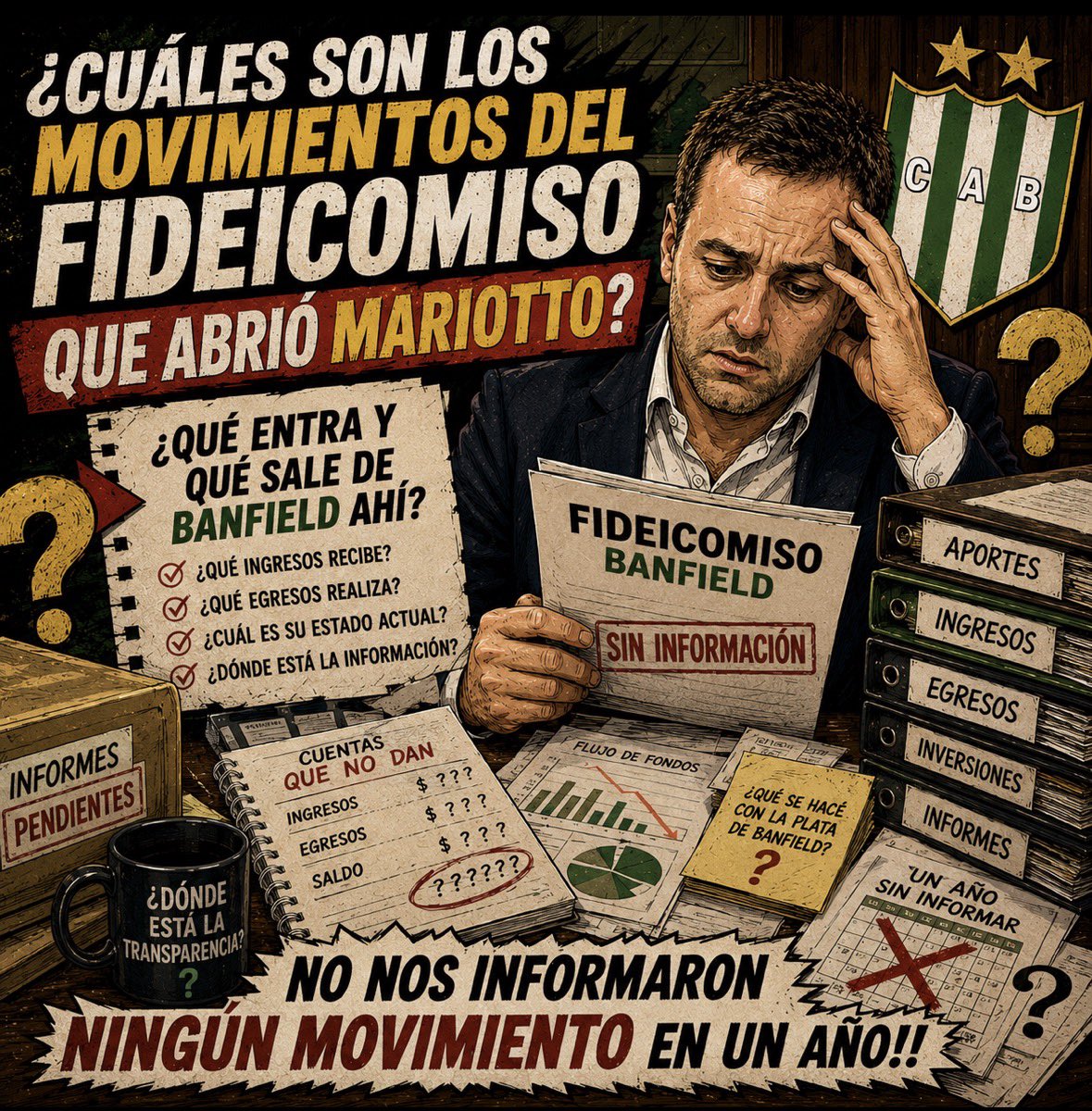 Banfield678's tweet photo. Vos que sos SOCIO DE #BANFIELD, te aumentan la cuota 15%, un descalabro comparado con los índices país. 
Vos EMPLEADO, no cobras hace 4/5 meses tu merecido sueldo. 
La plata, donde está? La información de los movimientos del fideicomiso de Mariotto? Bien, gracias. https://t.co/idjNvhep1w