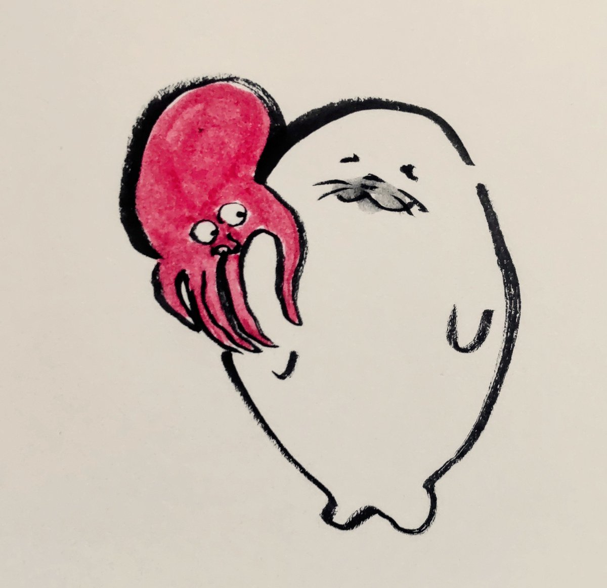 jissunboshi96's tweet photo. タコがどうしても離れてくれないアザラシを描きました。 https://t.co/qJmUW2FMEJ