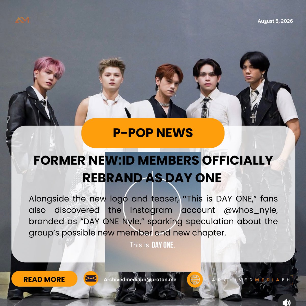 Archivedmediaph's tweet photo. PPOP News 🚨

Just days after announcing their departure from MLD Entertainment, the former members of New:ID have officially unveiled their new identity as DAY ONE.

The members simultaneously updated their social media profiles, replacing their previous branding with DAY ONE and adopting a new logo alongside the teaser message, “This is DAY ONE.”

Fans also noticed the launch of the Instagram account @/whos_nyle, which is branded as “DAY ONE Nyle.” While the account has fueled speculation that Nyle could be connected to the group’s new chapter, no official announcement has been made regarding the account or its role.

The reveal comes shortly after the members ended their farewell letter with the words, “Sometimes, it begins on day one,” a message that now appears to mark the start of a new era.

@DAYONEOfficial_ 
#DAYONE #DAYONEOfficial #PPOP