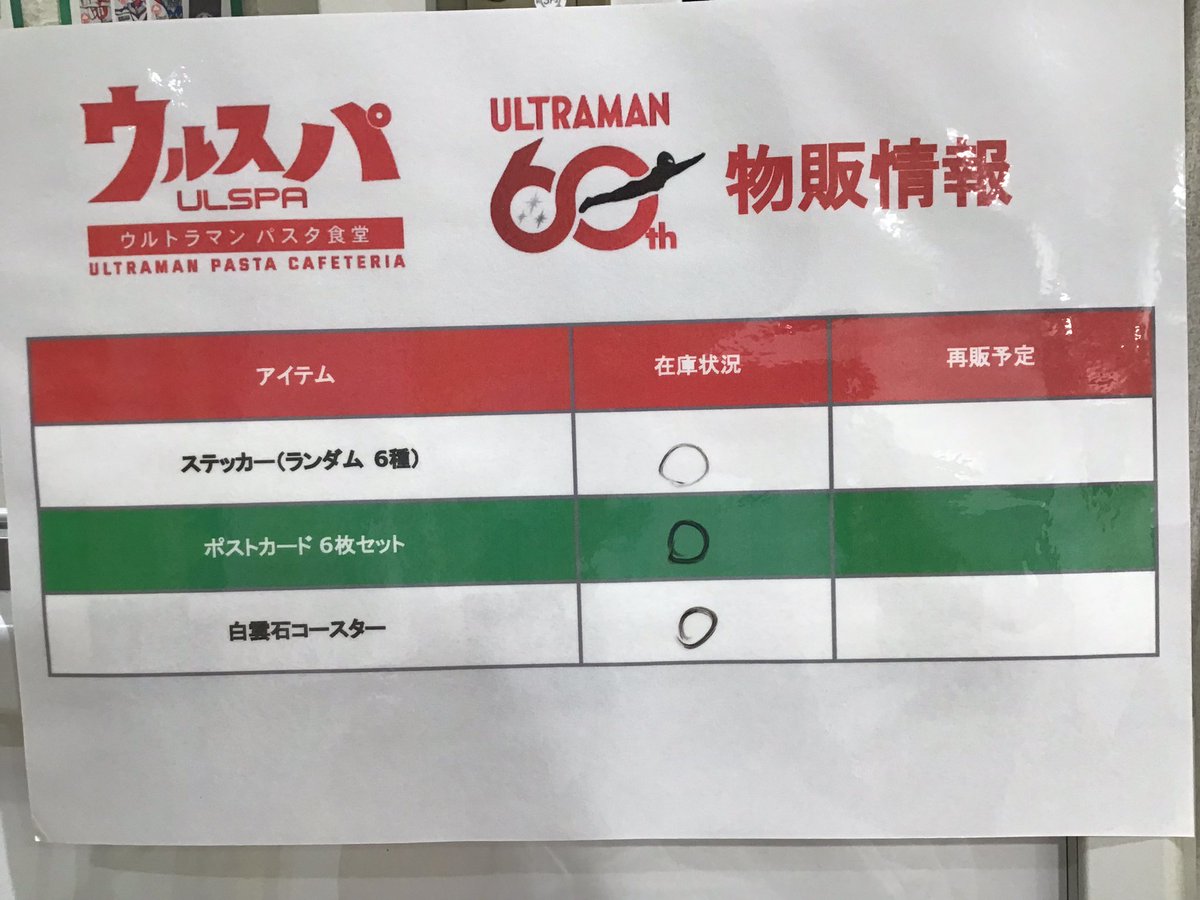 IKEBUKURO_BOX's tweet photo. ウルトラマンパスタ食堂

8/6の空席情報のご案内です。
当日席が⚪︎や△の回でも状況により×になることがございます、あらかじめご了承ください。

カフェの詳細・ご予約はこちらから！
https://t.co/MBnhV0ooqA

オープン時点でのグッズ販売状況もご案内いたします。 https://t.co/CxOz94hNpn