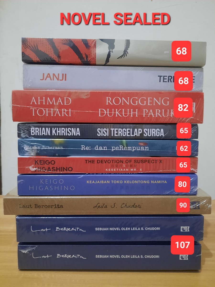 sooarbei's tweet photo. WTS Want to Sell buku novel new sealed

Namaku Alam
Janji
Ronggeng Dukuh Paruk
Sisi Tergelap Surga
Re: dan Perempuan
Kesetiaan Mr. X (Devotion of Suspect X)
Toko Kelontong Namiya
Laut Bercerita cetakan ke-100
Laut Bercerita HC

Co lewat🍊
Hrga blm termsuk adm, bs splitpay
📍Jatim https://t.co/ozi56tfANE