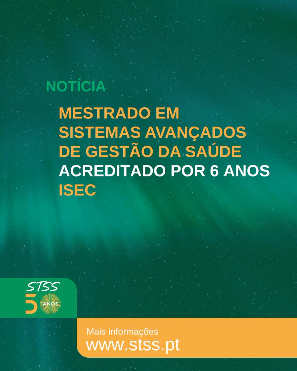 STSS_pt's tweet photo. A Agência de Avaliação e Acreditação do Ensino Superior acreditou o Mestrado em Sistemas Avançados de Gestão da Saúde pelo período máximo, 6 anos. 

👉 https://t.co/jlxFrQ8M7D https://t.co/ecfAoH8hi6
