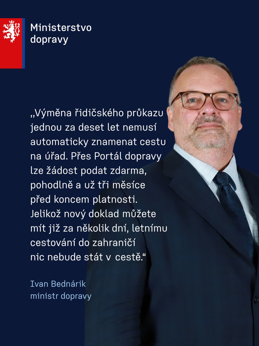 BednarikIvan's tweet photo. Do konce letošního roku skončí platnost řidičského průkazu ještě více než 284 tisícům řidičů. Pokud mezi ně patříte, výměnu už nemusíte řešit cestou na úřad.
O nový průkaz lze požádat online přes Portál dopravy https://t.co/RG7W4OrWx1

Zdarma, odkudkoliv a přibližně za tři minuty. Systém předvyplní potřebné údaje a použije vaši aktuální fotografii i podpis z registrů. Žádost můžete podat už tři měsíce před koncem platnosti.

Hotový průkaz si zdarma vyzvednete na zvoleném úřadě, nebo si ho necháte doručit do výdejního boxu či výdejního místa kdekoliv v Česku.

ℹ️ https://t.co/4Lml9SZiDN

#ResimDopravu #RovnouKVeci