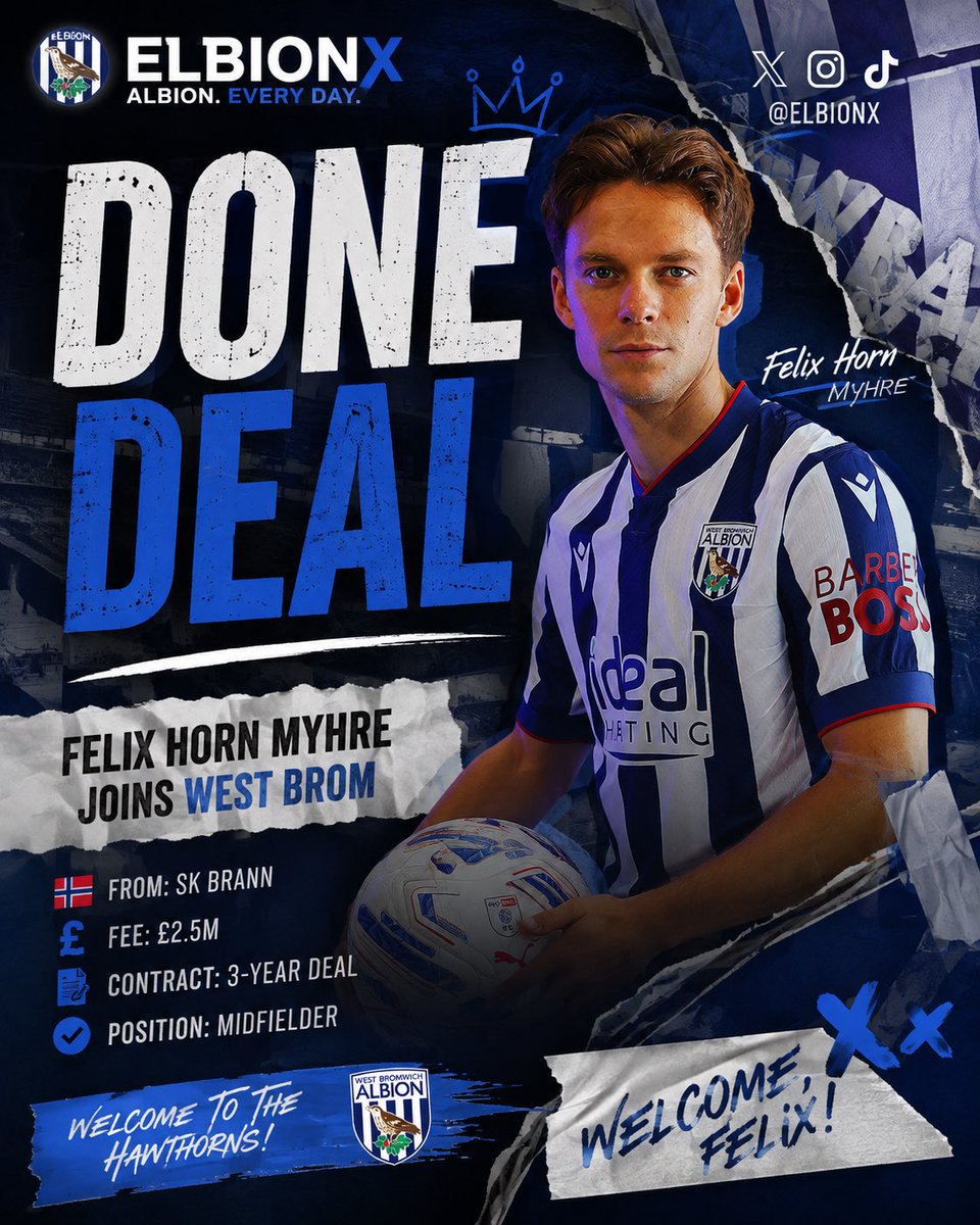 ELBionx's tweet photo. 🚨 DONE DEAL: Felix Horn Myhre is officially a West Bromwich Albion player. 💙🤍

The Norwegian midfielder joins from SK Brann on a three-year deal, with Albion reportedly paying around £2.5 million.

Welcome to The Hawthorns, Felix! 🇳🇴

👇 Rate this signing out of 10, Albion fans.

#WBA #WestBromwichAlbion #FelixHornMyhre #Championship #Transfers #ELBIONX
