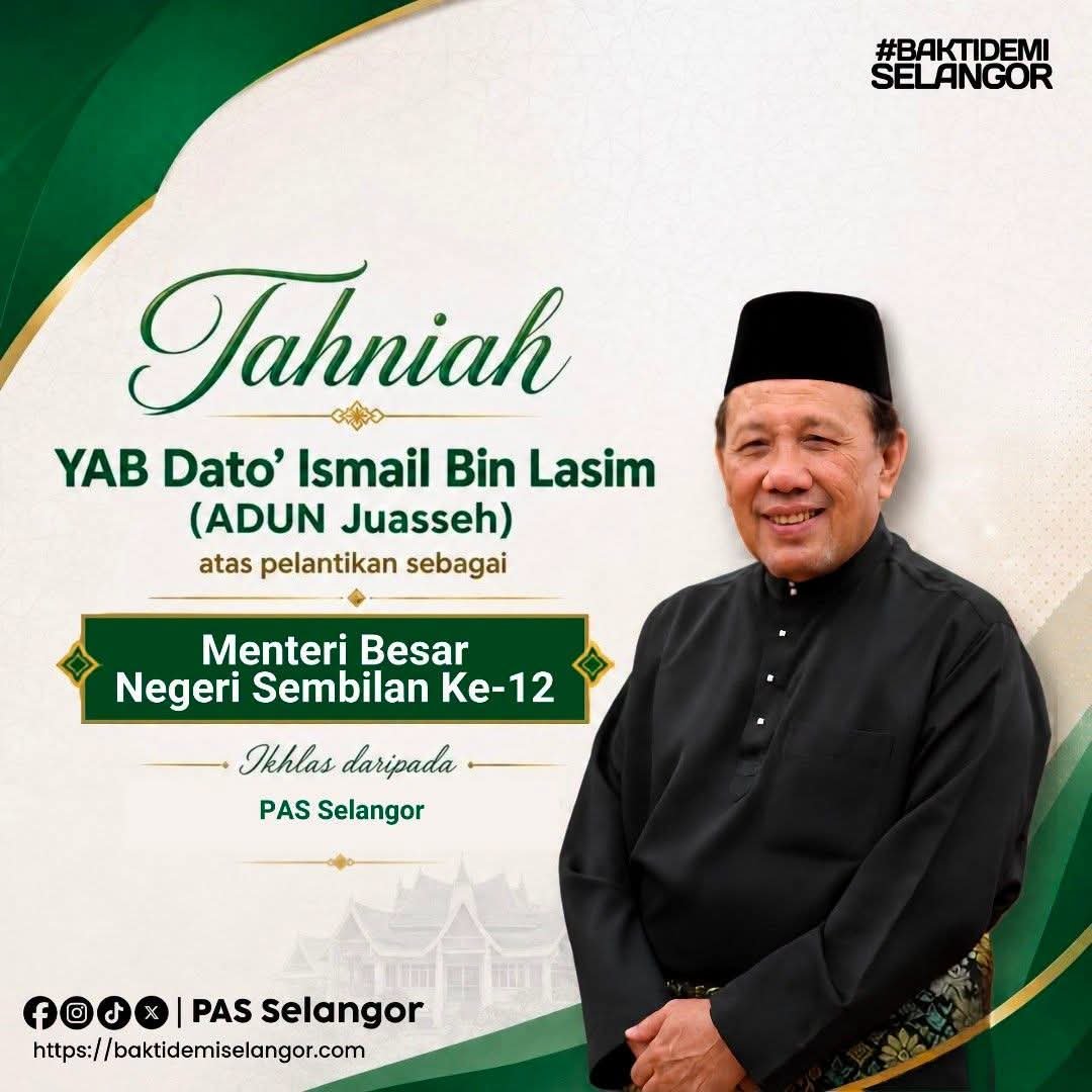 PASPNDengkil's tweet photo. PAS Selangor 

Setinggi-tinggi tahniah diucapkan kepada YAB Dato’ Ismail bin Lasim, ADUN Juasseh, atas pelantikan sebagai Menteri Besar Negeri Sembilan ke-12.

Pelantikan ini merupakan suatu amanah besar untuk memimpin dengan adil, berintegriti ....  https://t.co/MrKEiIZWsD https://t.co/IlfDg96xNo