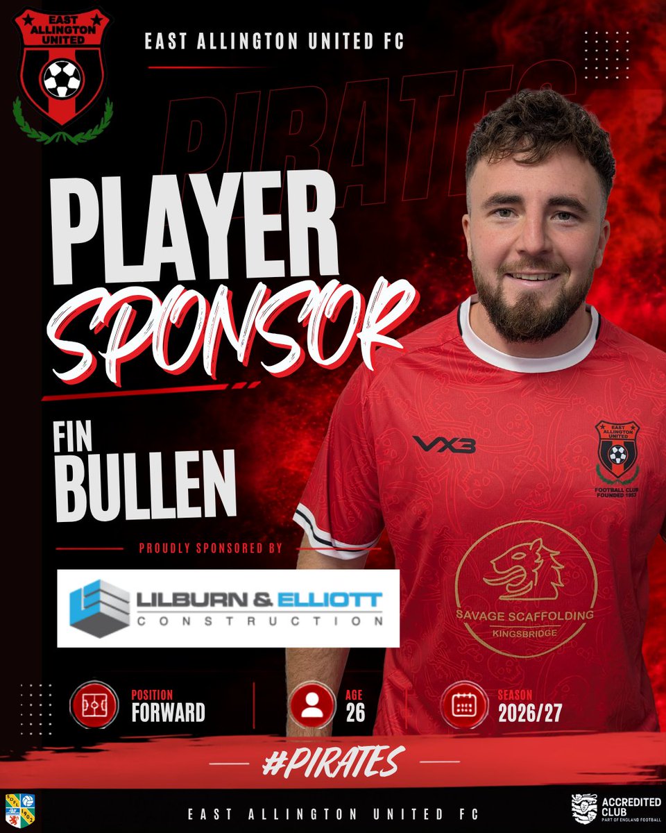 EastAllingtonFC's tweet photo. Finley Bullen will be proudly sponsored by Lilburn & Elliott Construction for the 2026/27 season.
Massive thank you for your support ๐๐ป
#sdfl #Pirates #eastallington #grassroots
๐ดโซ๐ดโโ ๏ธโฝ https://t.co/dtwKYV3oNM