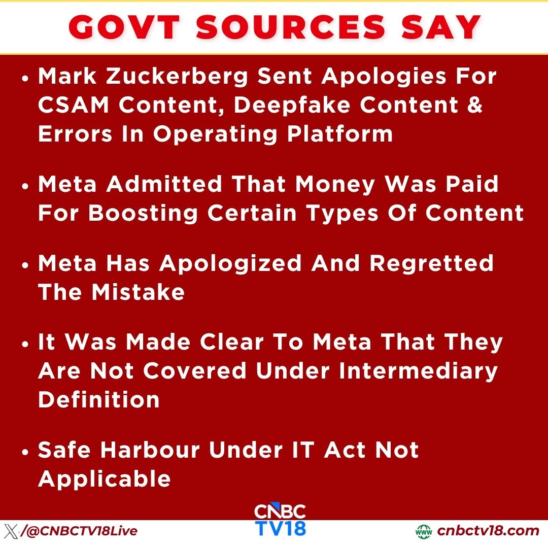 CNBCTV18Live's tweet photo. #JustIn | Govt Sources Say #MarkZuckerberg Sent Apologies For CSAM Content, Deepfake Content &amp; Errors In Operating Platform https://t.co/Gvh0EXn9iH