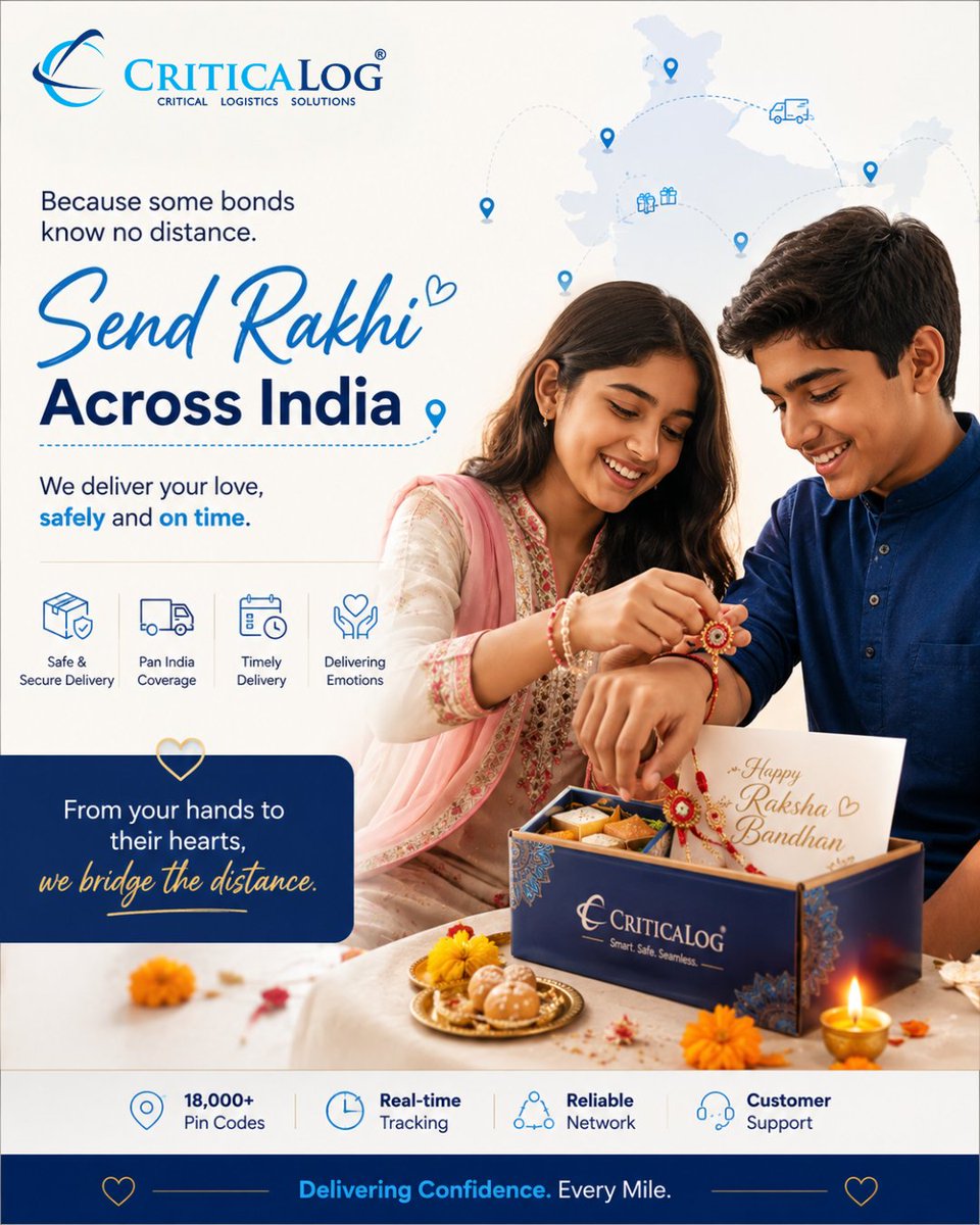 CriticaLog's tweet photo. From “Bhai, courier kar diya!” to “Bhai, mil gaya!” — let CriticaLog take care of the distance. 😉

This Raksha Bandhan, send the Rakhi, sweets &amp; love across India with CriticaLog. 🇮🇳💙

#CriticaLog #RakshaBandhan #SendRakhi #RakhiAcrossIndia #SiblingLove #NoDistanceCanStopLove https://t.co/OQNVx81kWt