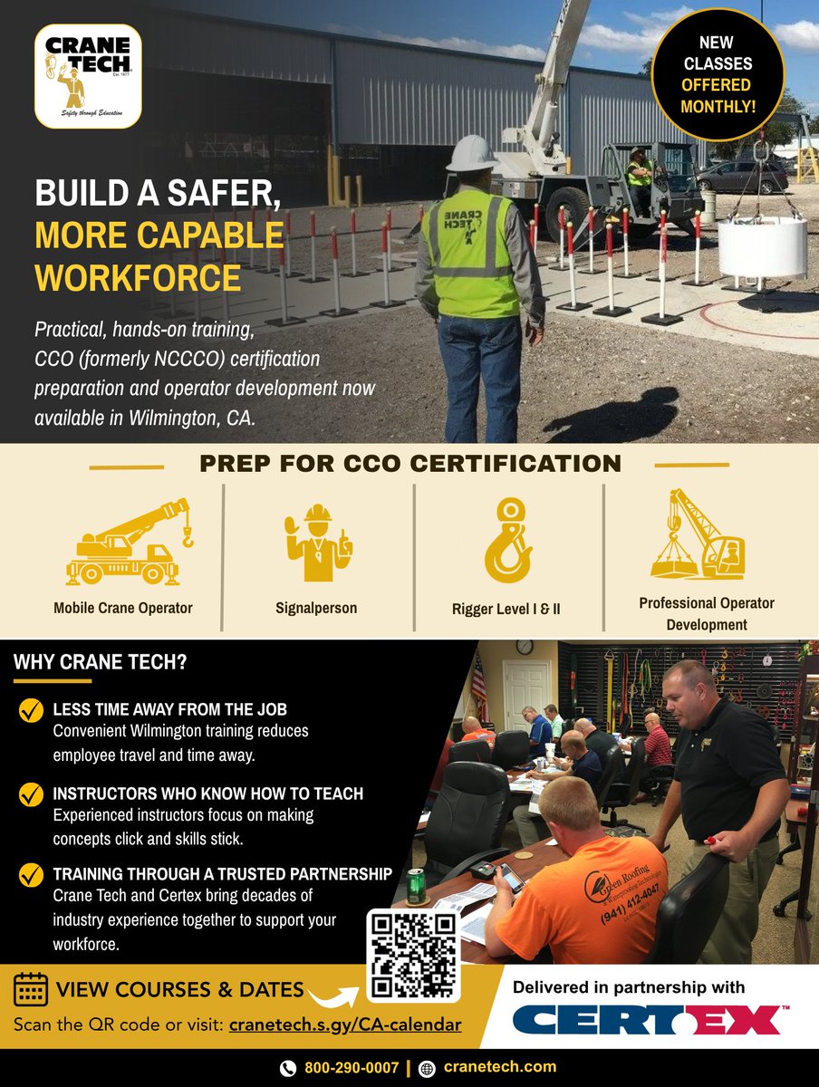 CranetechLLC's tweet photo. Looking for crane and rigging training in Southern California?
Monthly classes in Wilmington include Mobile Crane Operator, Signalperson, Rigger I & II, and POD.
View upcoming dates:Β https://t.co/d8h1HBhLh9
#SafetyTraining #CraneSafety #ConstructionSafety https://t.co/XuHTrtdypS
