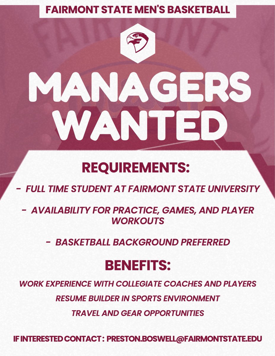 Fairmont_Hoops's tweet photo. 🏀 Student Managers Wanted 🏀

If interested please email preston.boswell@fairmontstate.edu

#SoarFalcons https://t.co/jGTuQl66UR