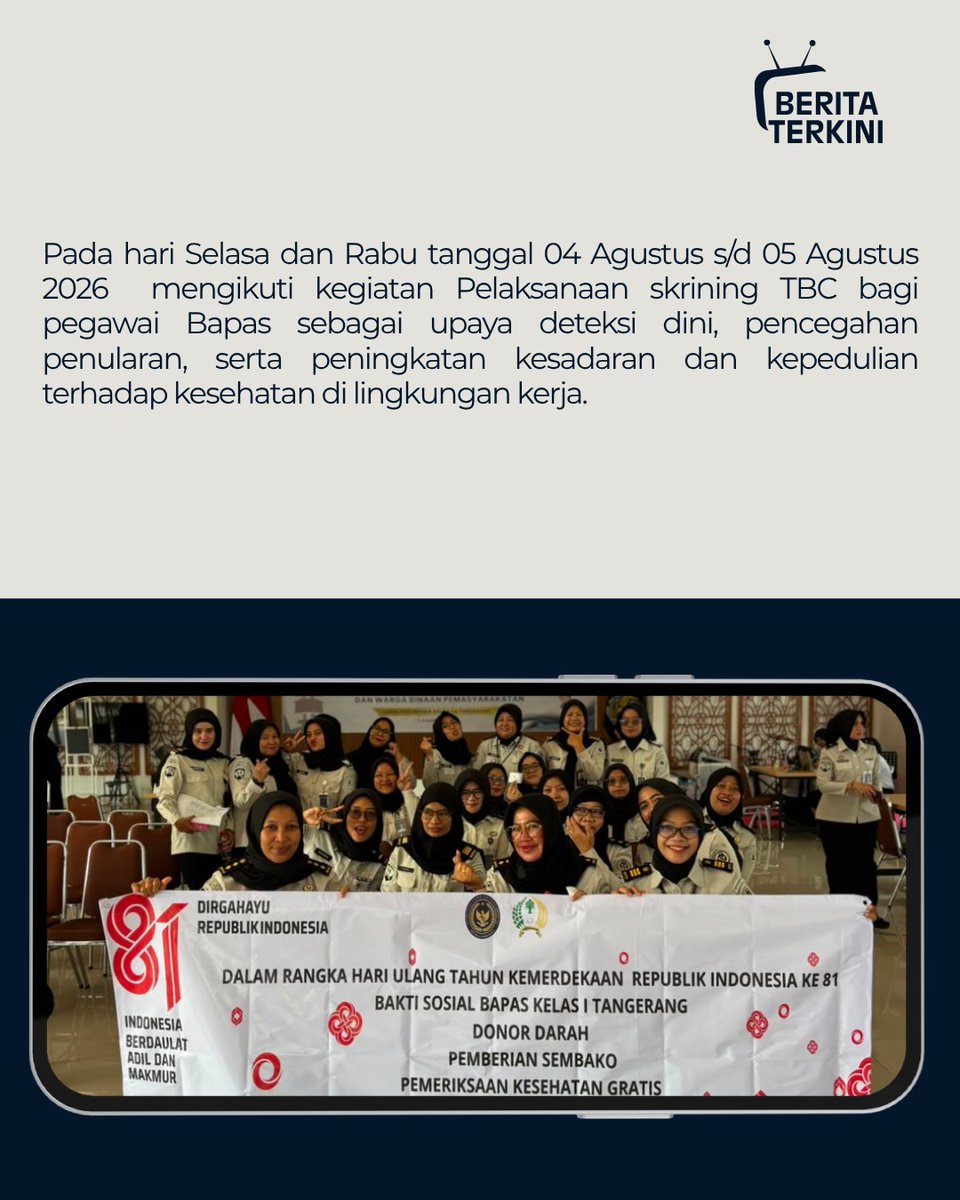 bapastangerang's tweet photo. Seluruh pegawai di Bapas Kelas I Tangerang pada hari Selasa dan Rabu tanggal 04 Agustus s/d 05 Agustus 2026  mengikuti kegiatan Pelaksanaan skrining TBC ..

Selengkapnya di IG :
https://t.co/0qDbgGd1cw https://t.co/ON6XuiCtr6
