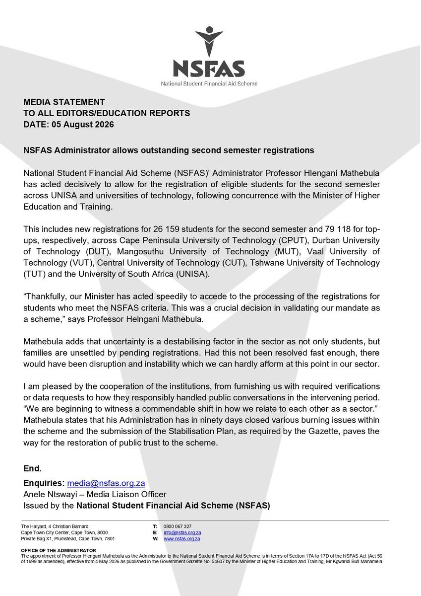 myNSFAS's tweet photo. NSFAS Administrator allows outstanding second semester registrations #NSFAS2026 https://t.co/Cz0GLnfNYJ
