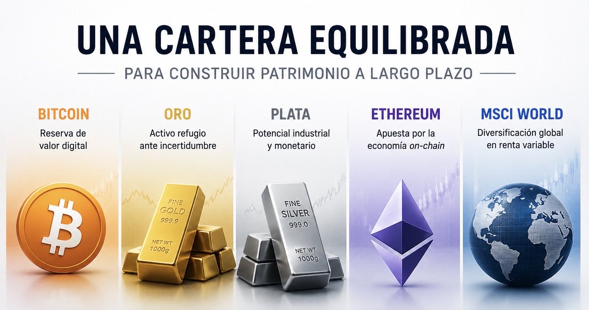 JohnNakamoto_'s tweet photo. Si hoy tuviera que empezar de cero, esta sería una de las carteras que más me plantearía. 📈

Una cartera formada por Bitcoin + Oro + Plata + Ethereum + un fondo MSCI World puede darte exposición a algunos de los activos más sólidos del mundo.

Y, aun así, muy poca gente la tiene en cuenta.

Guarda este hilo, porque merece la pena. 🧵👇